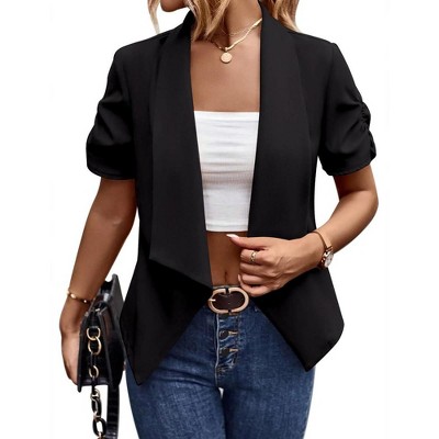 Womens Ruched Sleeve Blazer Jackets Open Front Short Sleeve Notched Blazer for Business Office Blazer for Work Summer Formal Suits