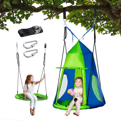 Outsunny Kids Hanging Tree Swing Tent for Backyard, Waterproof Hammock Chair Nest Pod, Saucer Swing with Screen Window, Rolling Door, for Indoor & Outdoor Use, Green