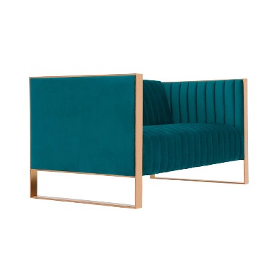 Teal Velvet Tufted Loveseat with Gold Metal Frame