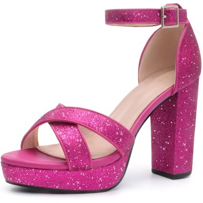 Perphy Women's Glitter Crisscross Strap Chunky Platform Heels