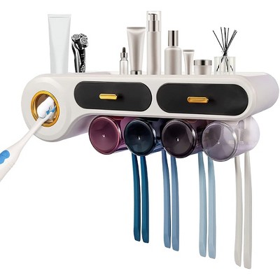 Toothbrush Holders for Bathrooms Toothpaste Dispenser, 4 Cups Automatic Toothpaste Squeezer Kit Wall Mounted for Kids Family Bathroom Use