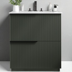30" Bathroom Vanity with Sink – Fluted Design, Soft Close Full-Extension Drawers, High-Gloss Ceramic Basin, Modern Freestanding Bathroom Cabinet - 1 of 4