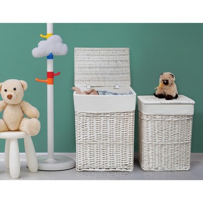White Wicker Upright Hamper Set with Fabric Liners