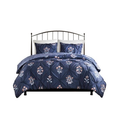 Navy Cotton Pintuck Floral King/Cal King Bedspread Set