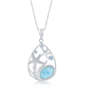 Caribbean Treasures Sterling Silver pear-Shaped Starfish Blue CZ and Larimar 18" Pendant Necklace - Blue - 1 of 2