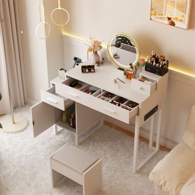 Aheaplus Vanity Desk with 4 Storage Drawers, Modern Makeup Vanity Table with Charging Station