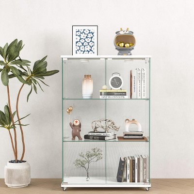 INFURNIC Decorative Bookshelf Modern Glass Display Cabinet with 2 Doors and 3 Shelves for Living Room, White, 32.09"*14.37"*47.9"