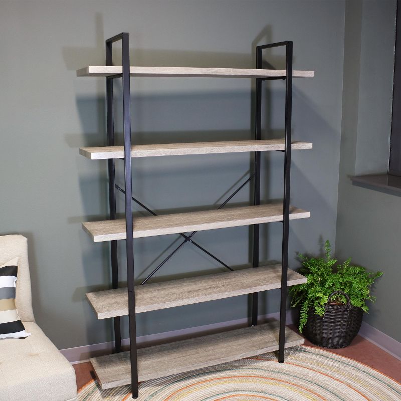 Sunnydaze 5 Shelf Industrial Style Freestanding Etagere Bookshelf with Wood Veneer Shelves, 2 of 8