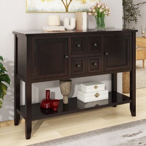 Vintage Console Table With 2 Large Cabinets, 4 Small Drawers And Bottom Shelf, Rustic Wood Kitchen Storage Cabinet,Espresso - 1 of 4