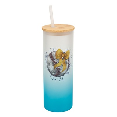 Elanze Designs 25 Ounce Frosted Glass Gradient Travel Tumbler With Straw and Wooden Lid, Baseball With Gold Bow Sky Blue