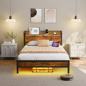 RGB LED Strip Platforrm Bed Frames with Headboard Metal, Storage Shelves & Underbed, Niose Free, No Box Spring Needed - 1 of 4