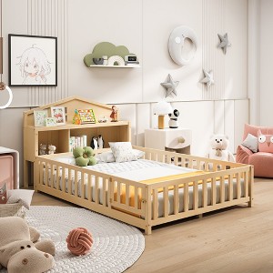 55.79"Full-size Floor Beds with Bookcases and Blackboards, Versatile Platform Beds with Guard rails,White - 1 of 4