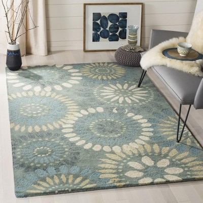 Gray and Blue Floral Hand-Tufted Wool Area Rug
