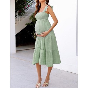 Maternity Dress Square Neck Sleeveless Smocked Ruffle Sleeve Baby Shower Photoshoot Summer Midi Dresses - 1 of 4