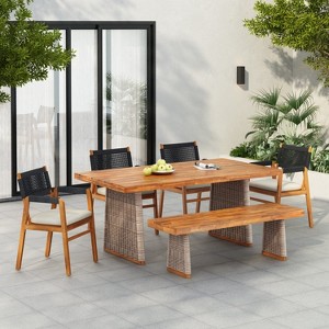 Christopher Knight Home Liliana Rustic 6 Piece Outdoor Acacia Wood Dining Set with Rattan Slatted Table and Cushions - 1 of 4