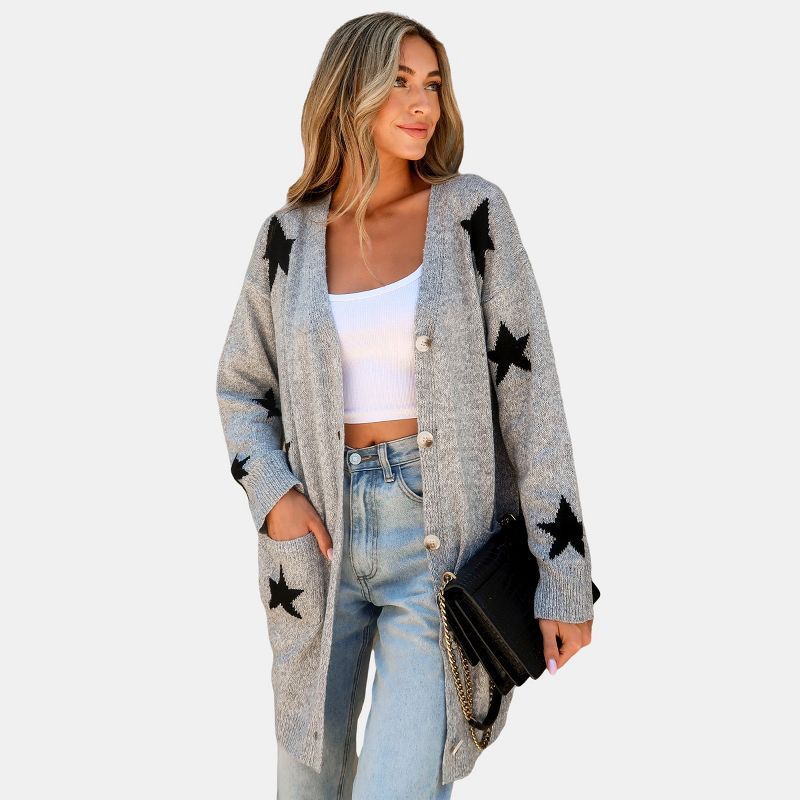 Cupshe Women's Star Print Button-Front Cardigan-XS-Gray