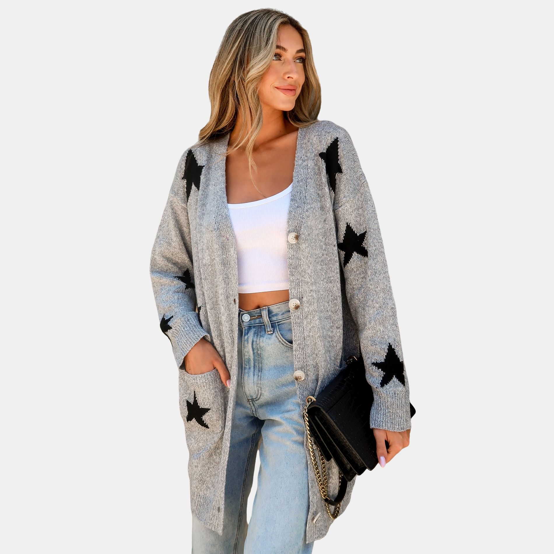 Women's Star Print Button-Front Cardigan -Cupshe