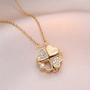 Heart-to-Heart Clover Necklace - Gold Square Earrings and Simple Necklaces Set - Transformable Jewelry with Zirconia Decoration, Gold - 1 of 4
