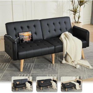 TYBOATLE 65" Convertible Faux Leather Futon Sofa Bed, Modern Upholstered Couch with USB, Folding Loveseat for Small Space, Apartment, Dorm, Office - 1 of 4
