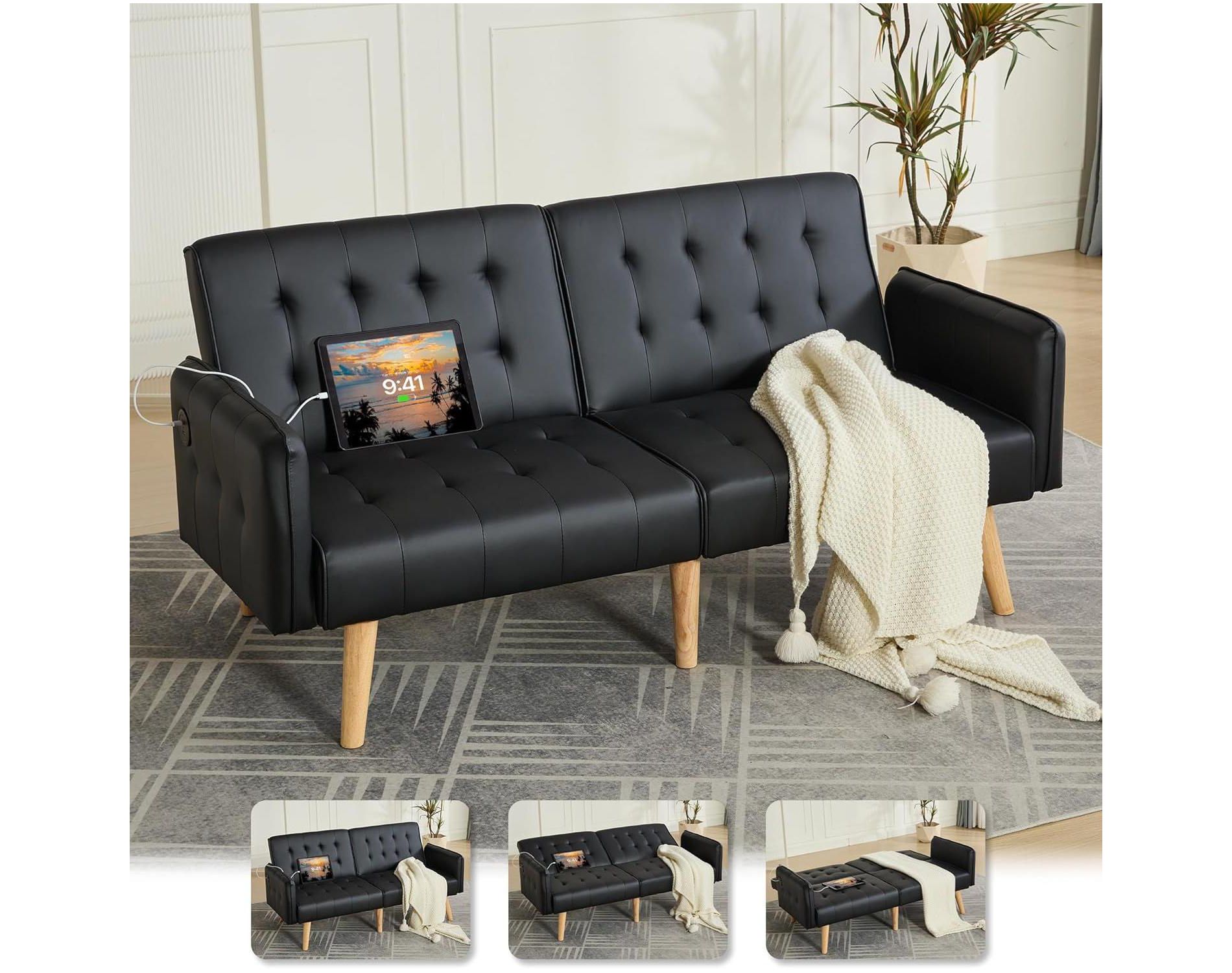 TYBOATLE 65" Convertible Faux Leather Futon Sofa Bed, Modern Upholstered Couch with USB, Folding Loveseat for Small Space, Apartment, Dorm, Office