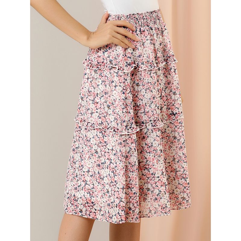 Allegra K Women's Floral Print Smocked Elastic Waist Knee Length Flowy Tiered Ruffle Skirt, 2 of 7