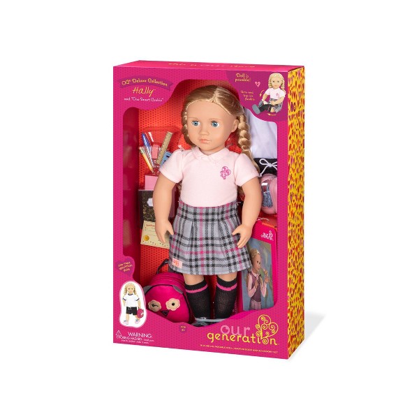 Nuestra Generación Hally con Libro de Cuentos y Accesorios Muñeca Escolar Posable de 18" 8