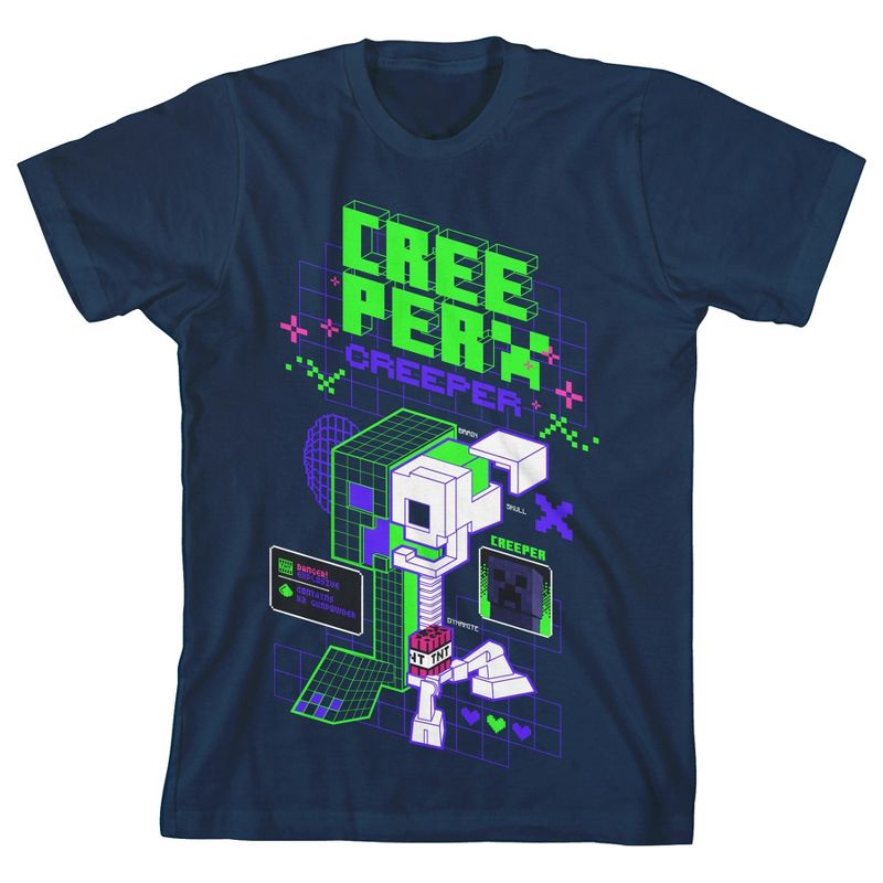 Minecraft Creeper Distortion Clash Trend Boy's Navy Blue T-shirt, 1 of 4