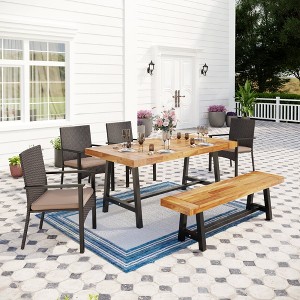 Captiva Designs 6Pc Patio Dining Oil Finished Tabletop Acacia Wood Table & Rattan Chairs & Backless Wood Bench - 1 of 1
