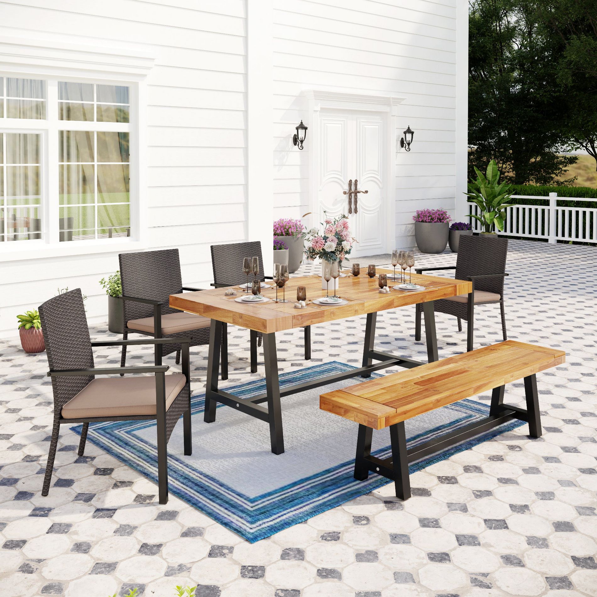 Captiva Designs 6Pc Patio Dining Oil Finished Tabletop Acacia Wood Table & Rattan Chairs & Backless Acacia Wood Bench