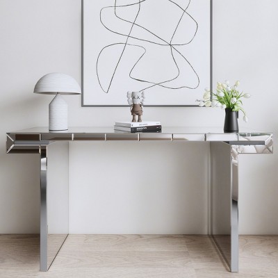 60'' Silver Mirrored Console Table with Fluted Glass,Modern Glam Entryway Table for Living Room or Hallway-Baofuwish