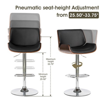 Modern Bentwood Adjustable Swivel Bar Stool Set in Black and Walnut