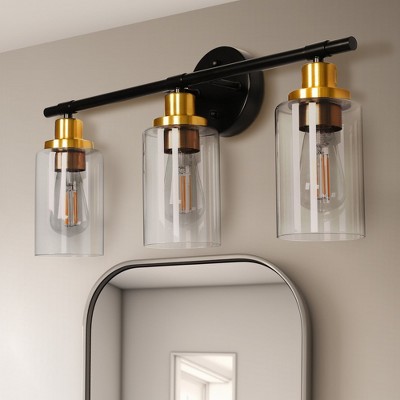 YANSUN 22.64 in. 3-Light Matte Black Modern Bathroom Vanity Light with Clear Glass Shade and Gold Socket