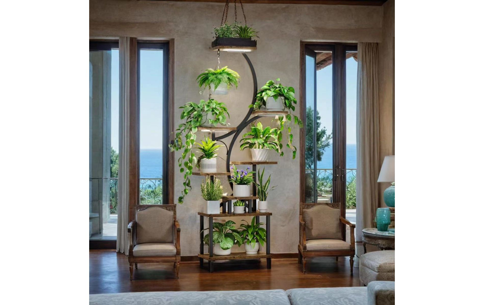 Coolbibila-8 Tiered Indoor Plant Shelf, Rectangle Metal Raised Bed Garden Black, Plant Stand With Grow Lights, Garden Planter Boxes For Flowers