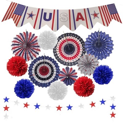 4E's Novelty 24 Pcs Patriotic Hanging Decorations, 6 Pcs Foldable Hanging Patriotic Paper Fans