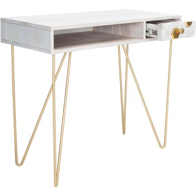 White and Brass Wood Writing Desk with Drawer