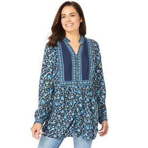 Woman Within Button-Front Mixed Print Tunic - 1 of 4