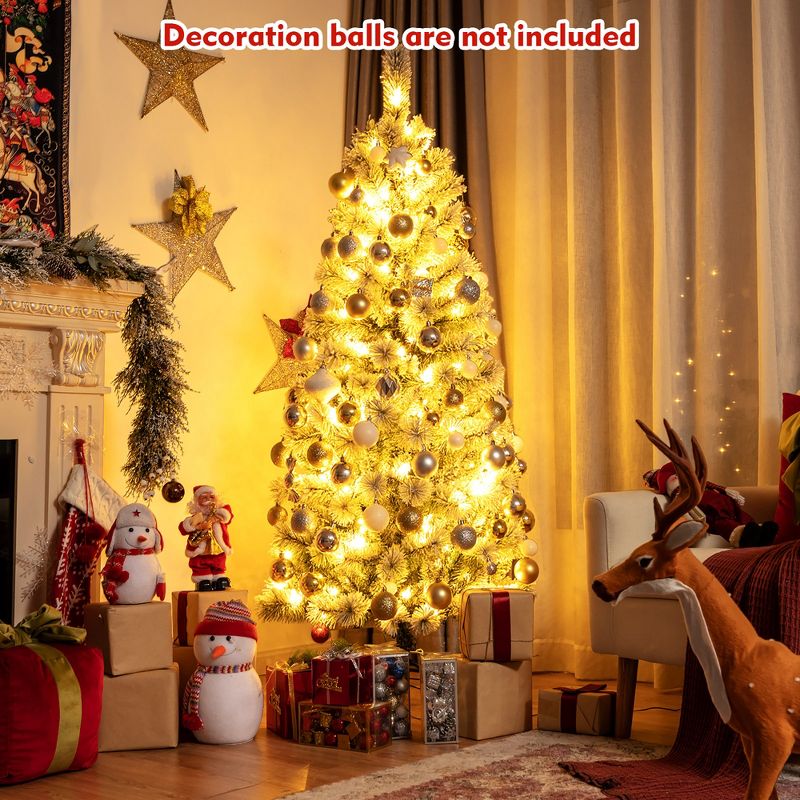 Costway 6FT Pre-Lit Hinged Christmas Tree Snow Flocked w/9 Modes Remote Control Lights, 2 of 11