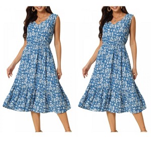 INSPIRE CHIC Women's Summer Boho Beach V Neck Sleeveless Floral Flowy Tiered Midi Dress with Pockets 2 Packs - 1 of 4
