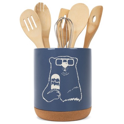 Elanze Designs Kitchen Utensil Holder With Non Slip Cork Base Large 8 Inch Ceramic Storage Crock Quirky Fun Countertop Organizer Polar Bear Sunglasses