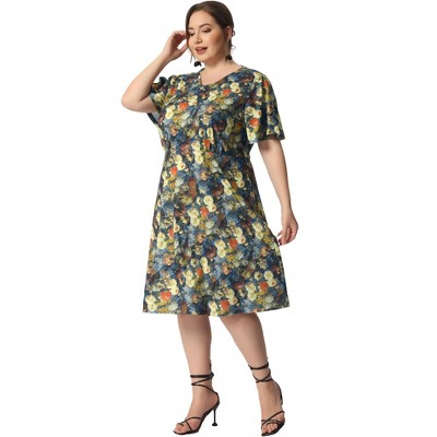 Agnes Orinda Women's Plus Size Regular Fit Elegant Short Sleeve Floral Pattern A Line Dresses