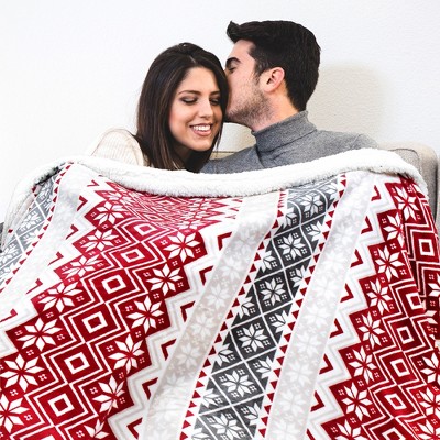 Holiday Snowflake Red and White Reversible Sherpa Throw Blanket