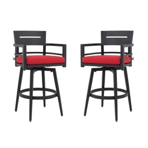 Set of 2 Modern Outdoor Swivel Bar Stools with Backs, Black Aluminum Frame with 360° Rotation, Backrest, Armrests, and Sunbrella Cushions - Koiai - 1 of 4