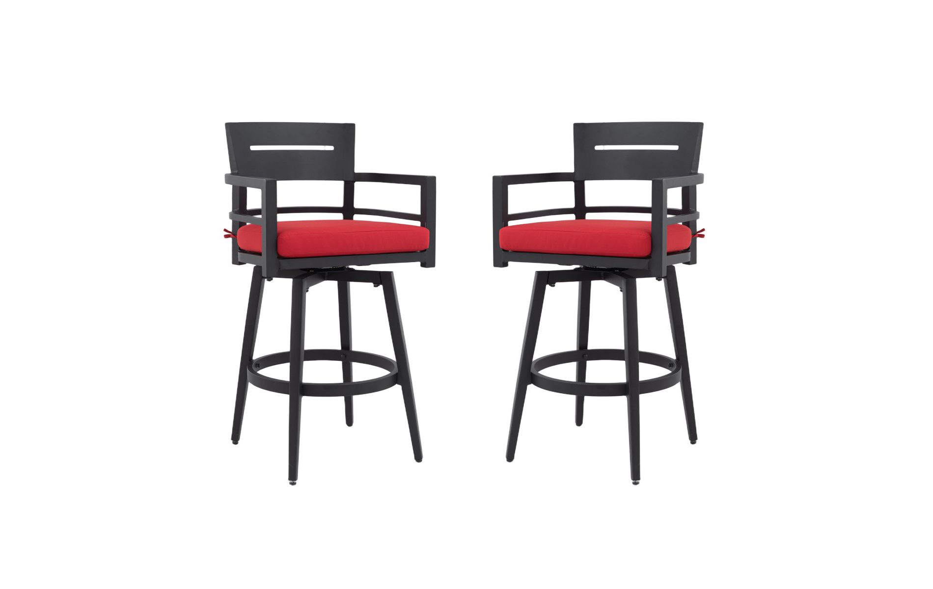 Set of 2 Modern Outdoor Swivel Bar Stools with Backs, Black Aluminum Frame with 360° Rotation, Backrest, Armrests, and Red Sunbrella Cushions - Koiai