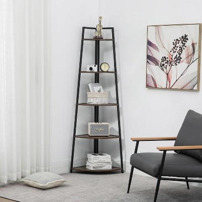 Homhougo 5 Tier Tall Corner Shelf Stand Large Capacity Corner Bookshelf for Living Room Kitchen Small Space (18.10 x 18.10 x 70in) Brown