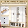 White Hall Tree with 6 Hanging Hooks Mudroom Wood Grain Bench with Open Compartments Entryway Shoe Cabinet with Seating Bench - 3 of 4