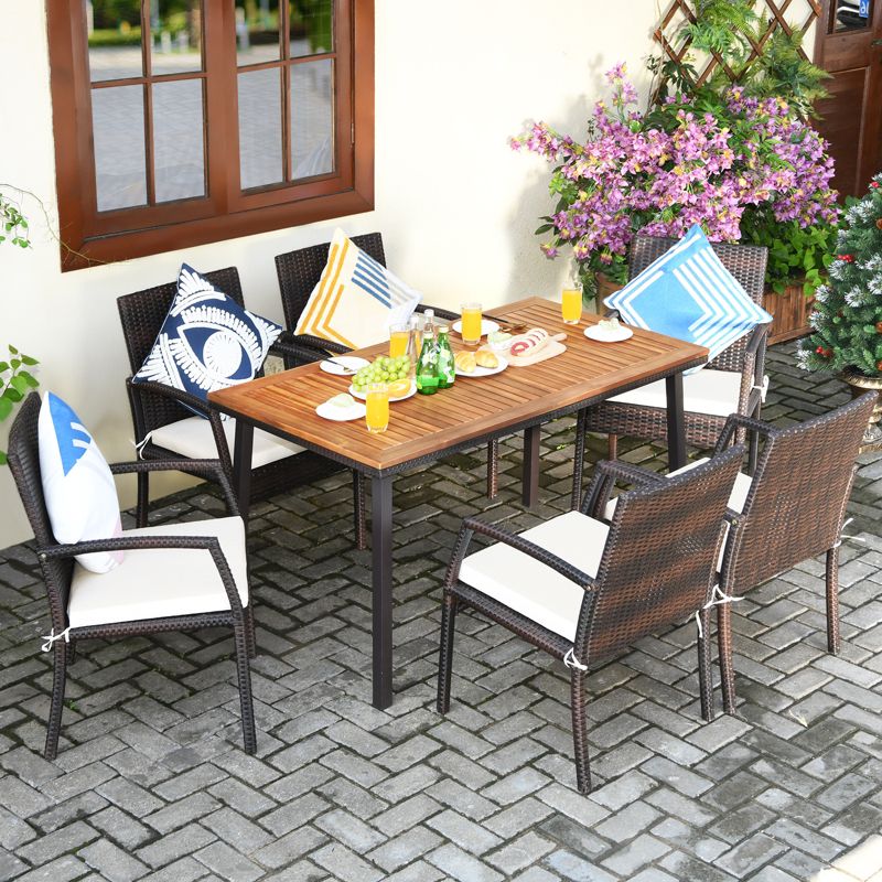 Tangkula 7PCS Patio Rattan Furniture Dining Set Wooden Table Cushioned Chair, 3 of 9