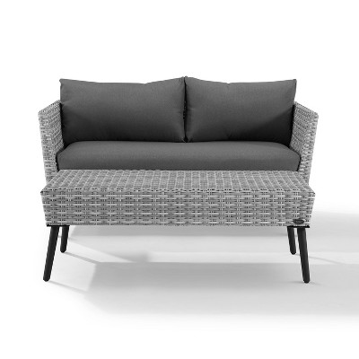 Gray Wicker 2-Piece Outdoor Loveseat and Coffee Table Set