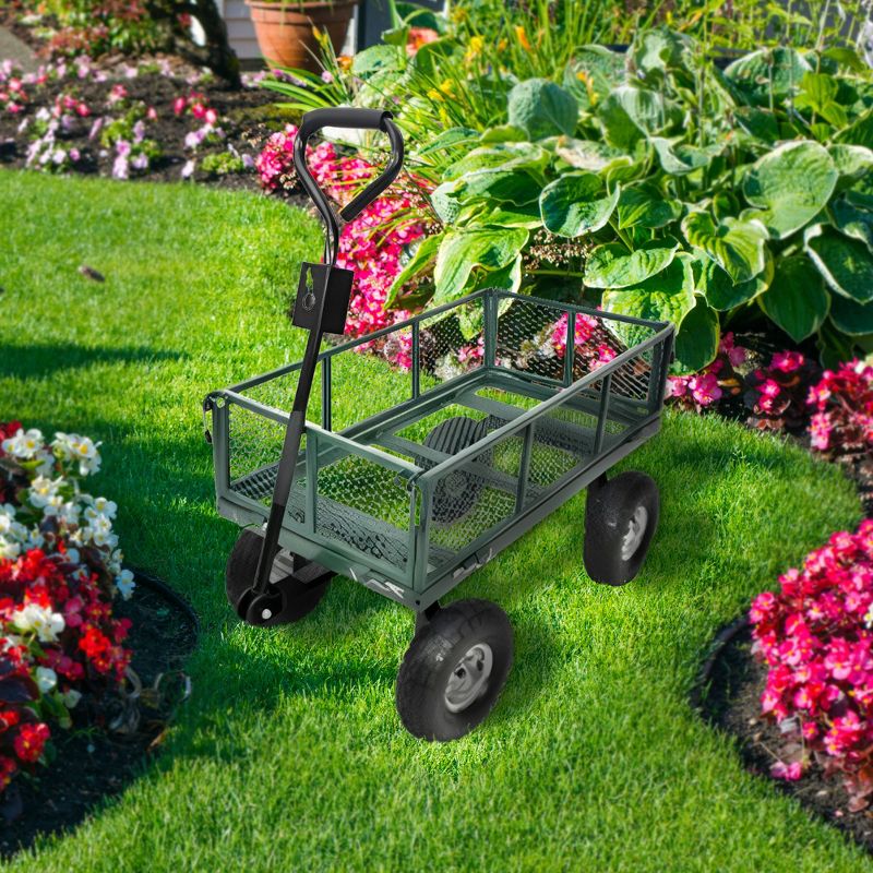 Green Thumb 4 Wheel Powder Coated Steel Garden Cart with Removable Mesh Sidewalls and Handles, Convertible to Trailer Hitch For Easy Towing, Green, 4 of 7