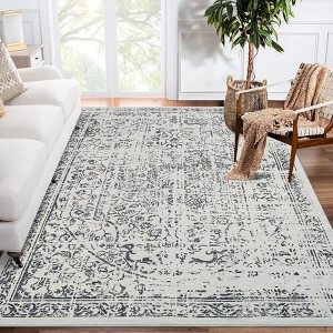 Vintage Floral Area Rug, Elegant Thin Carpet with Refined Design, Easy-Clean Low Pile for Living Room, Bedroom, Entryway - 1 of 4