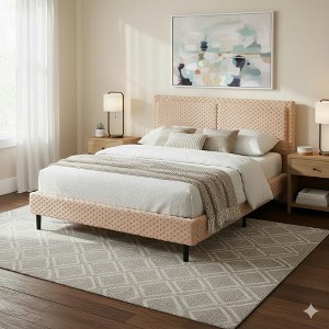 Queen Size Camel Plush Soft Upholstered Bed Wood Frame & Upholstered Headboard-- Frevyn - 1 of 4